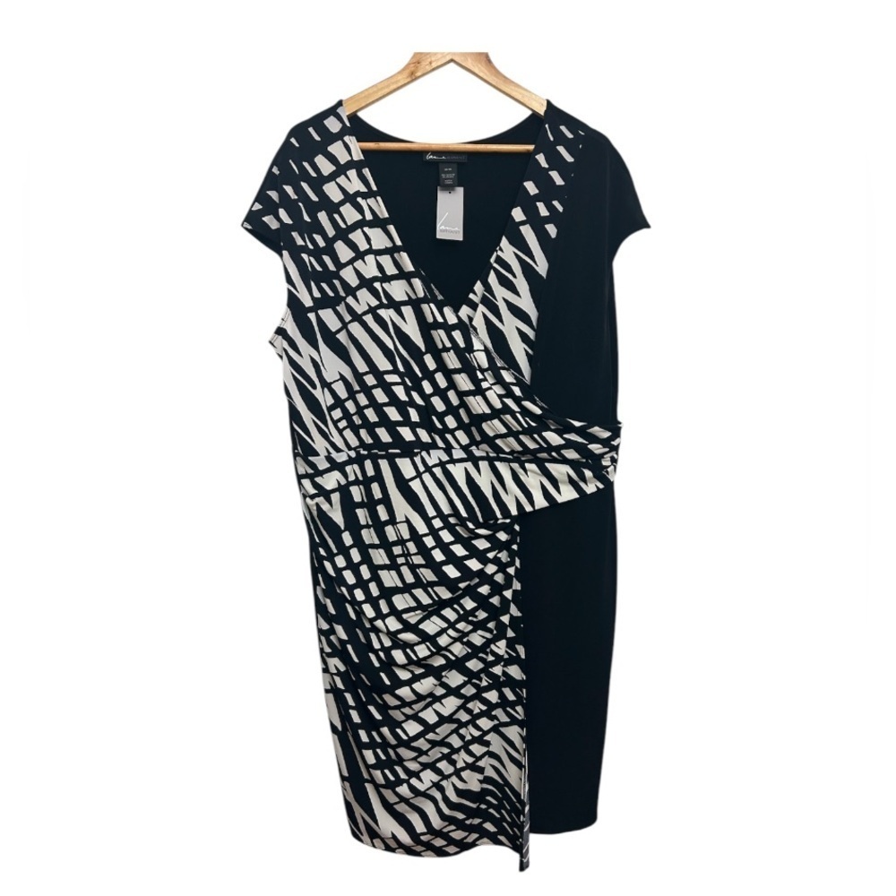 Lane Bryant Black White Geometric Stretch Cap Sleeve Faux‎ Wrap Dress Size 22/24